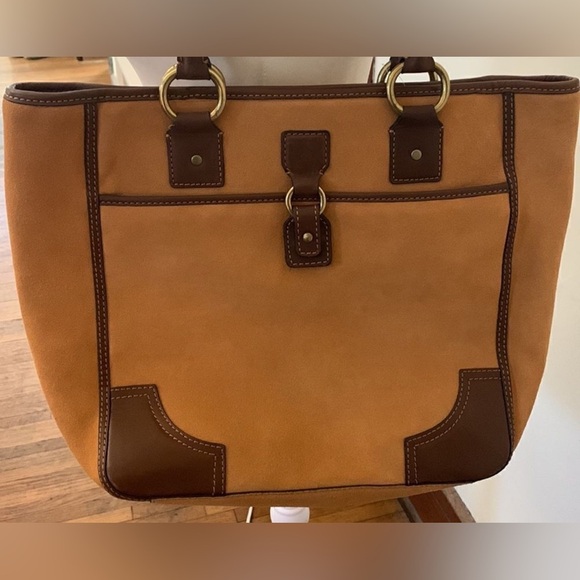 NWT ANTONIO MELANI Tan Suede and Brown  Leather Large Tote Bag 17 x 12 - Picture 5 of 7